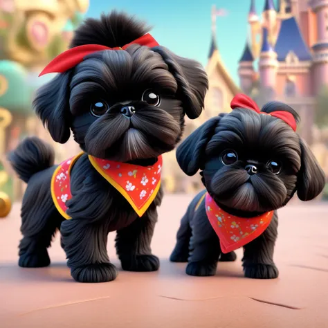 2 Adorable small black Shih Tzu puppies wearing bright bandannas working out Disney background 3d cartoon 3d render disney pixar style