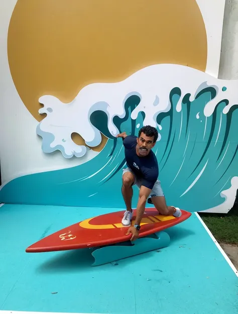 
man with mustache surfing on a surfboard, transform the background into pixar