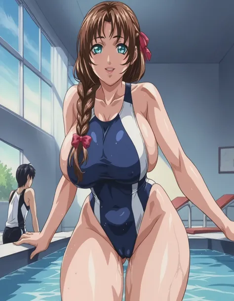 score_9, score_8_up, source_anime Bibl3, cute girl, intercrural sex, thighjob from behind, busty shortstack, brown hair, twin braid hair, hair ornament, hair ribbon, racing swimsuit, huge breasts, heavy breasts, breast expansion, full lips, vivid lips, wid...