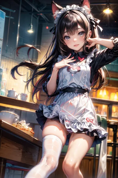 NSFW、One Girl、Cat ears headband、Cat tail、Enamel maid outfit、Short skirt、Thigh-high socks with horizontal stripes、Enamel striped pants、Highest quality、8K、Beautiful Face、Mischievous smile、Lift your skirt to show your underwear、Wink、View Viewer、Bright cafe