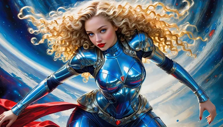 High-quality realistic acrylic painting, VIVID COLORS, a beautiful woman with long blonde curly hair, red lips, looking at the viewer with suspicious face and a shy smile. She wears shades of blue shiny ultra-glossy armor, with the hands in waist, against ...