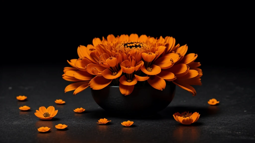 an orange and black image with some small flowers scattered throughout the image with highly detailed orange and black tones ,8K ,ultra HD 