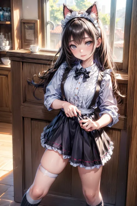 NSFW、One Girl、Cat ears headband、Cat tail、Enamel maid outfit、Short skirt、Thigh-high socks with horizontal stripes、Enamel striped pants、Highest quality、8K、Beautiful Face、Mischievous smile、Lift your skirt to show your underwear、Wink、View Viewer、Bright cafe