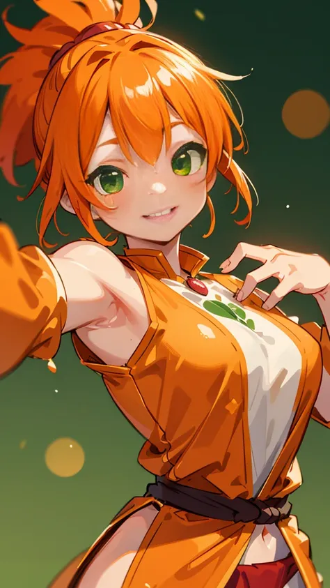 1 Girl、8K、Sharp focus、(Bokeh) (Highest quality) (Detailed skin:1.3) (Intricate details) (anime)、Orange clothes、Orange Hair、ponytail、Beautiful green eyes、Wicked Smile、Loincloth、Shrimp mascot、Upper body close-up