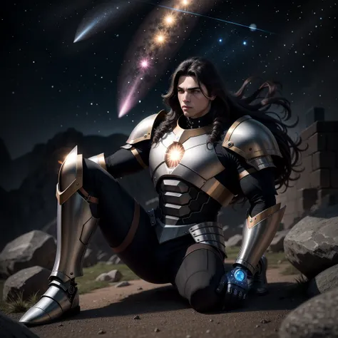 High resolution drawing of large full body long hair warrior facing camera with illuminated bionic armor with muscular body, head facing right, Sitting on a stone, comets and stars in the sky.
