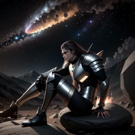 High resolution drawing of large full body long hair warrior facing camera with illuminated bionic armor with muscular body, head facing right, Sitting on a stone, comets and stars in the sky.
