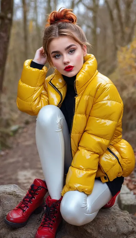 ultrarealistic high quality fullbody photo of a beautiful slim european teen girl with cute hyperdetailed shy face and natural redhead short messy bun and mischievous face, realistic round hazel eyes, red lips, dark eye makeup with eyeliner, wearing shiny ...