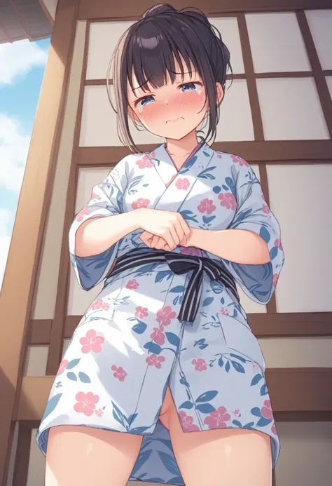 Cute girl、Open yukata、Embarrassed blush、A reluctant, frustrated, crying face、Anal、Reluctant pose、Big clit、Beautiful body、From below