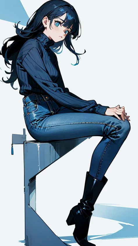 The woman wears a blue and black sweater, long jeans, and black boots. 