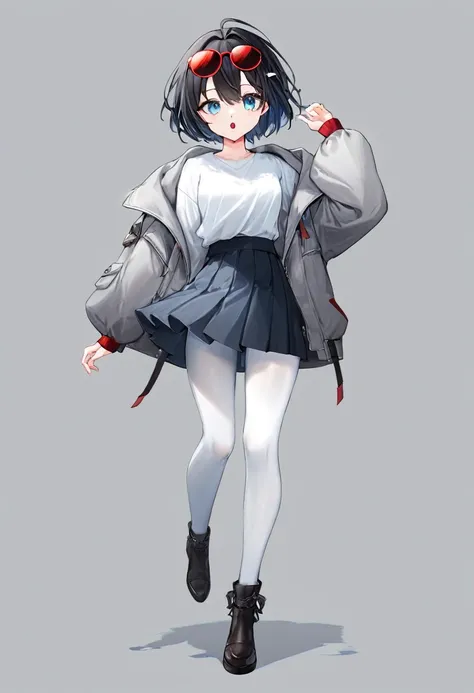 1girl, solo, loli, mesugaki, wearing sunglasses, black hair, short hair style, red headband, full body, long bangs, fang, mouth open, white shirt, grey jacket, long sleeves, light blue eyes, beautiful eyes, detailed eyes, looking at viewer, gradient backgr...