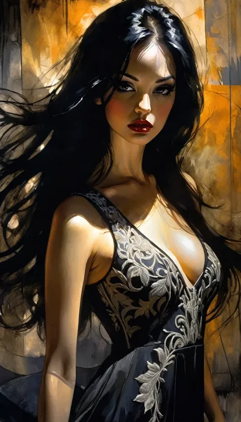 eroticism, sexy, black and white image, curvy girl, long black hair,embroidered sexy dress, between shadows, oil painting, chiaroscuro, sensual, dramatic lighting, moody atmosphere, photorealistic, intricate details, masterpiece, ultra-detailed, high quali...