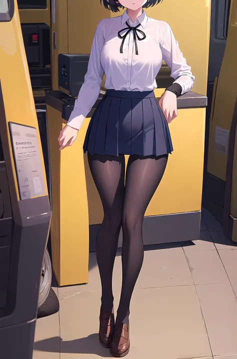 masterpiece, best quality, ultra-high-detailed, 1girl, white shirt, neck ribbon, short over long sleeves, pleated skirt, black pantyhose micro tanding、(half:1.3), Wide Hips, Thick thighs, (Thigh Gap:1.2), Big , 