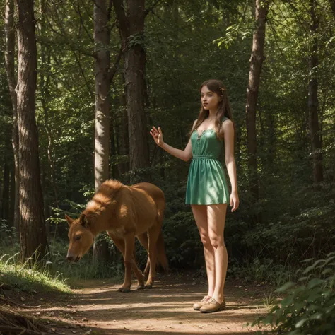 Illustration for a fairy tale about a girl., standing in the forest, Who can talk to animals?