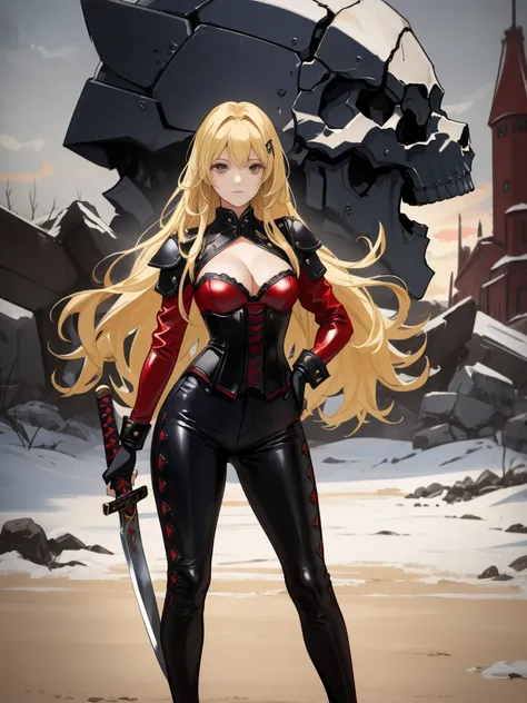 (Realistic photo)(High quality)A powerful sexy blonde in a red corset and black leather pants,standing on a battle field with dead demons laying around her. (Her right foot sits upon a giant skull) and she holds a katana in her right hand. a demon army wai...