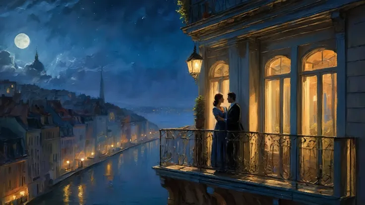 a couple standing on a balcony looking out at the city, inspired by evgeny lushpin, by evgeny lushpin, romantic painting, by ale...