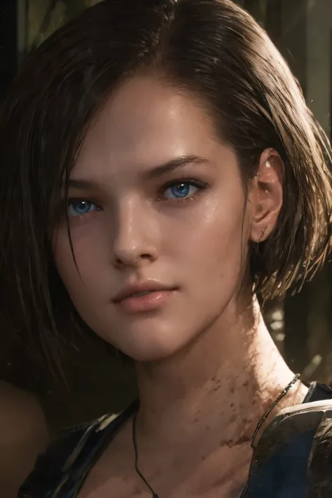 masterpiece, jill valentine, RE3 Remake, blue eyes:0.3, brown hair, oval face, long bob hair, portrait, 