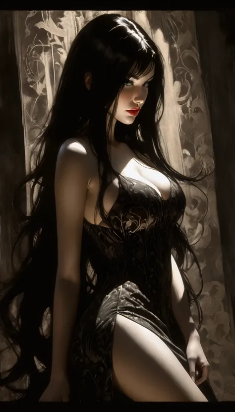 eroticism, sexy, black and white image, curvy girl, long black hair,embroidered sexy dress, between shadows, oil painting, chiaroscuro, sensual, dramatic lighting, moody atmosphere, photorealistic, intricate details, masterpiece, ultra-detailed, high quali...