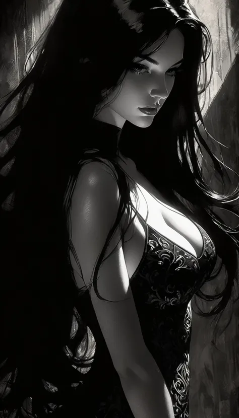 eroticism, sexy, black and white image, curvy girl, long black hair,embroidered sexy dress, between shadows, oil painting, chiaroscuro, sensual, dramatic lighting, moody atmosphere, photorealistic, intricate details, masterpiece, ultra-detailed, high quali...