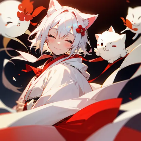 Eyes closed, short white hair, red kimono, white scarf, cat ears, flower hair accessory, smiling face