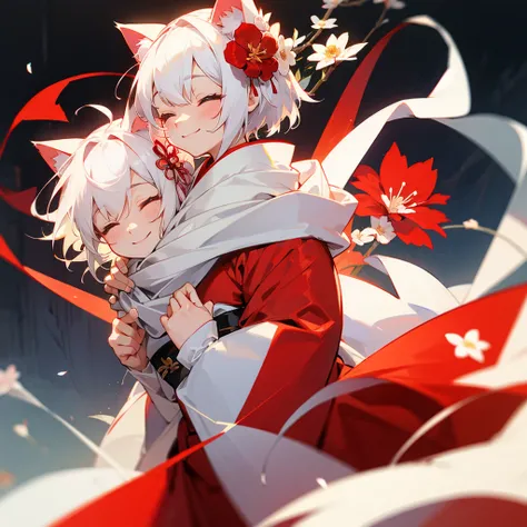 Eyes closed, short white hair, red kimono, white scarf, cat ears, flower hair accessory, smiling face