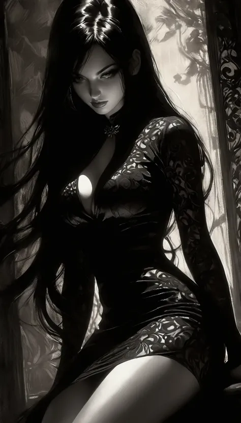 eroticism, sexy, black and white image, very curvy girl, long black hair,embroidered sexy dress, between shadows, oil painting, chiaroscuro, sensual, dramatic lighting, moody atmosphere, photorealistic, intricate details, masterpiece, ultra-detailed, high ...