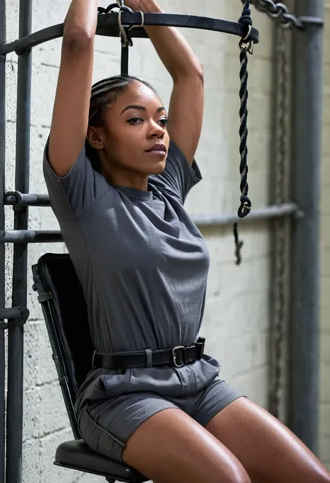 closeup view of an outdoor skinny but athletic black female prisoner wearing a dark gray capsleeve shirt. her armpits are somewh...