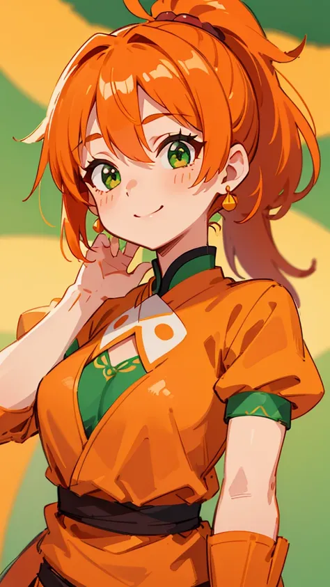 1 Girl、8K、Sharp focus、(Bokeh) (Highest quality) (Detailed skin:1.3) (Intricate details) (anime)、Orange clothes、Orange Hair、ponytail、Beautiful green eyes、Wicked Smile、Loincloth、Shrimp mascot、Upper body close-up