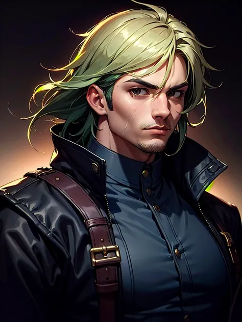 ((Portrait)), He has a Robust and Muscular Appearance, with Adult Charm, Fair Skin and a Fit Build. He Expresses a Calm and Relaxed Look, Giving Off a Serious Attitude. He has Black Eyes, and His Hair is Short and Tousled, Dark Green, and with Light Beard....