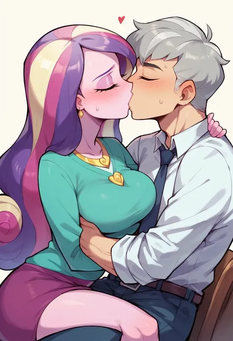 my little pony equestria girls princess cadence , in teacher clothes , HUGE titties , kissing a grey haired guy , sitting on his laps