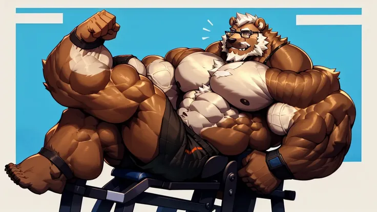 solo, 1boy, Huge Muscular Old Grizzly Bear wearing glasses, correct anatomy, steroid, pectoral, huge pectoral, wide pectoral, short white hair, black gym short pants, black wristbands, bearded, Mustache, gym background, leg press machine, masterpiece, high...