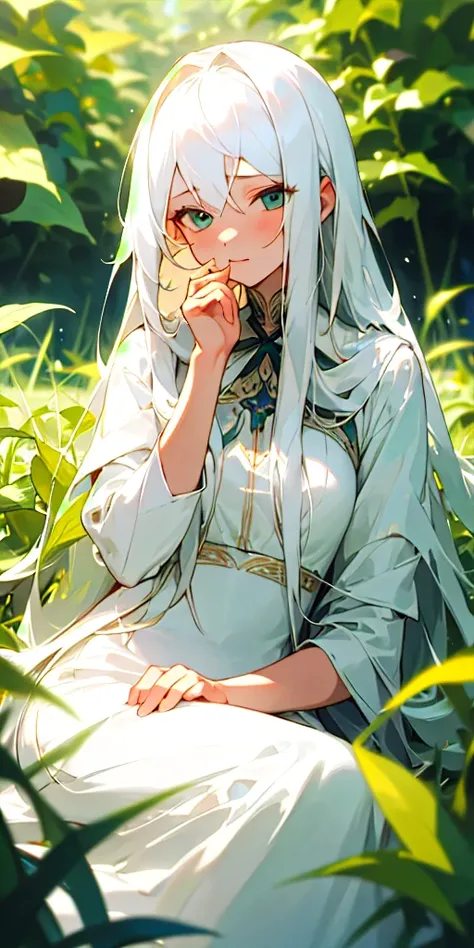 (masterpiece, best quality),1girl with long white hair sitting in a field of green plants and flowers, her hand under her chin, warm lighting, white dress, blurry foreground