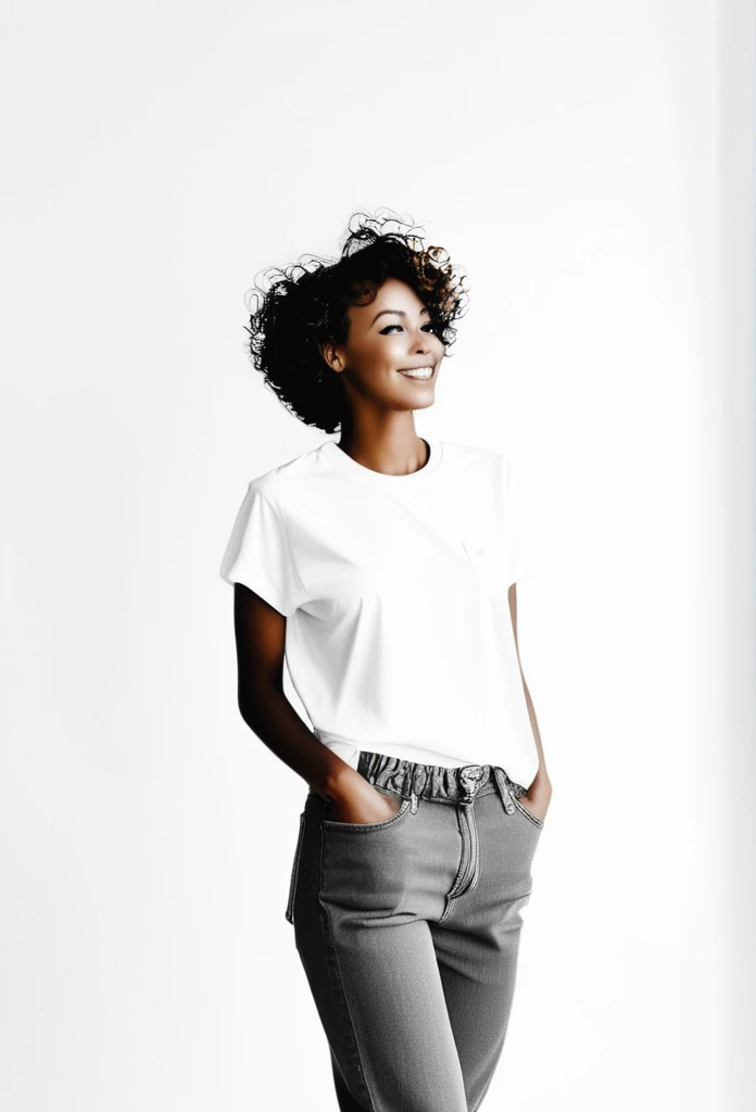 a african mixed model with brown skin is shown in a minimalist black and white photograph, posing in profile, tee shirt oversize...