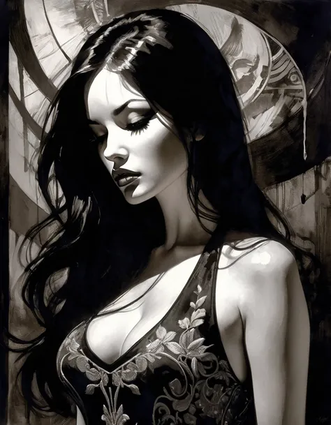 eroticism, sexy, black and white image, very curvy girl, long black hair,embroidered sexy dress, between shadows, oil painting, chiaroscuro, sensual, dramatic lighting, moody atmosphere, photorealistic, intricate details, masterpiece, ultra-detailed, high ...