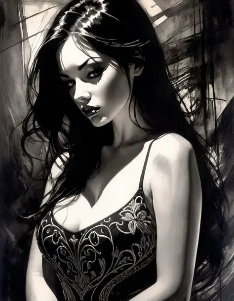 eroticism, sexy, black and white image, very curvy girl, long black hair,embroidered sexy dress, between shadows, oil painting, chiaroscuro, sensual, dramatic lighting, moody atmosphere, photorealistic, intricate details, masterpiece, ultra-detailed, high ...