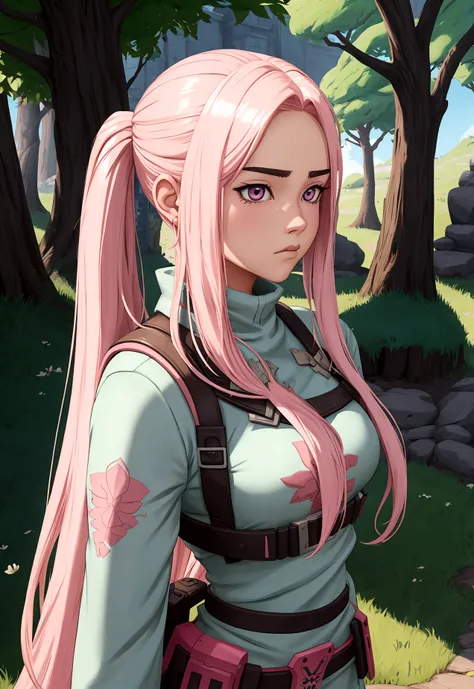 Fortnite and Ghibli style, girl with pink long hair, soilder, white clouthes, magic of beauty