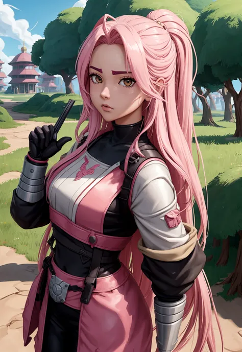 Fortnite and Ghibli style, girl with pink long hair, soilder, white clouthes, magic of beauty