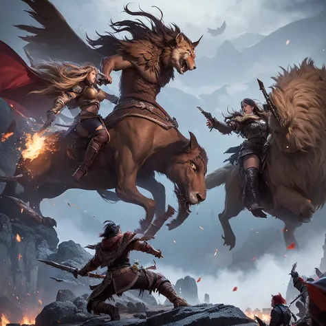 strong and powerful dungeons and dragons epic movie poster barbarian woman with cape charging into battle violent roar riding a vicious ice [wolf|tiger] beast leather and fur boots warriors and red banners (windy dust debris storm:1.1) volumetric lighting ...