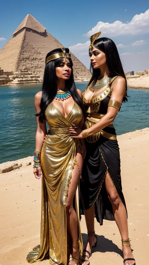 ultra realistic, Egyptian pyramid and river background , Cleopatra milf, 38 years, ( long decorated (Cleopatra dress)), with two men 8K