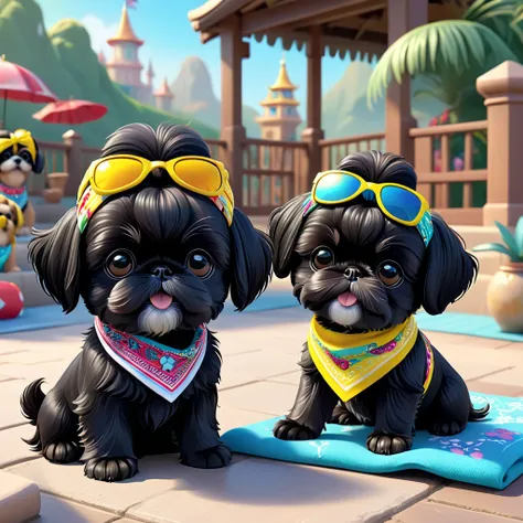 2 Adorable small black Shih Tzu puppies wearing bright bandannas and sunglasses playing guard dogs Disney background 3d cartoon 3d render disney pixar style