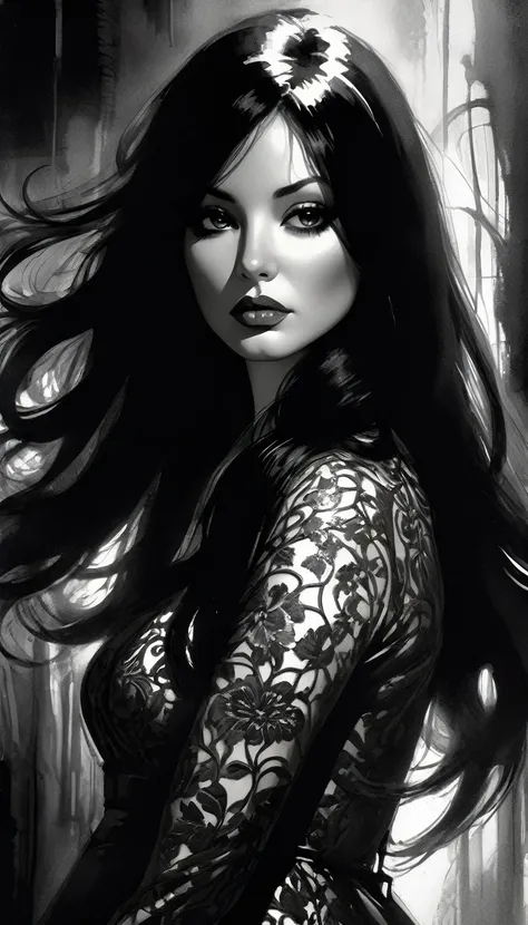 eroticism, sexy, black and white image, very curvy girl, long black hair,embroidered sexy dress, between shadows, oil painting, ...