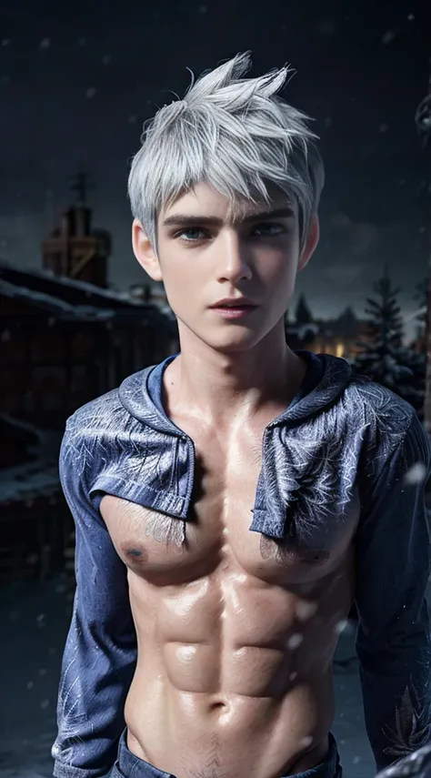 (8K, RAW photo, Highest quality), (((full-body shot:1.2))), (((Jack Frost:1.3))), male model, Blue eyes, light blue eyes, intense blue eyes, 18 years old, messy silver hair, silver hair, white pale skin, snow, snowed mountain, snowing,snowed pine-tree, , R...