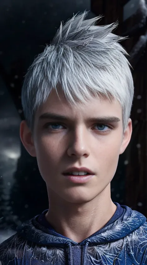 (8k, raw photo, highest quality), (((full-body shot:1.2))), (((jack frost:1.3))), male model, blue eyes, light blue eyes, intens...