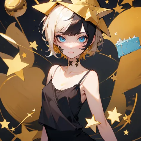 Star face paint, cake hat, black camisole, gold short hair