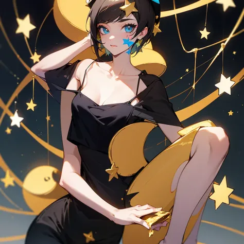 Star face paint, cake hat, black camisole, gold short hair