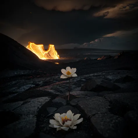 cinematic photography of a single white flower growing from between the cracks of black ashen rocks and fiery lava desolate grim landscape under black clouds with a hint of sun and god rays spotlight on the flower dark vignette effect