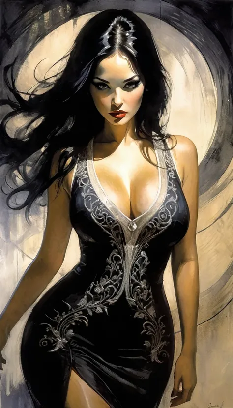 very curvy girl, eroticism, sexy, black and white image, very curvy girl, long black hair,embroidered sexy dress, between shadows, oil painting, chiaroscuro, sensual, dramatic lighting, moody atmosphere, photorealistic, intricate details, masterpiece, ultr...