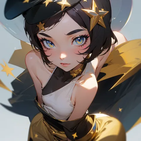 Star face paint, white hat, black camisole, gold short hair