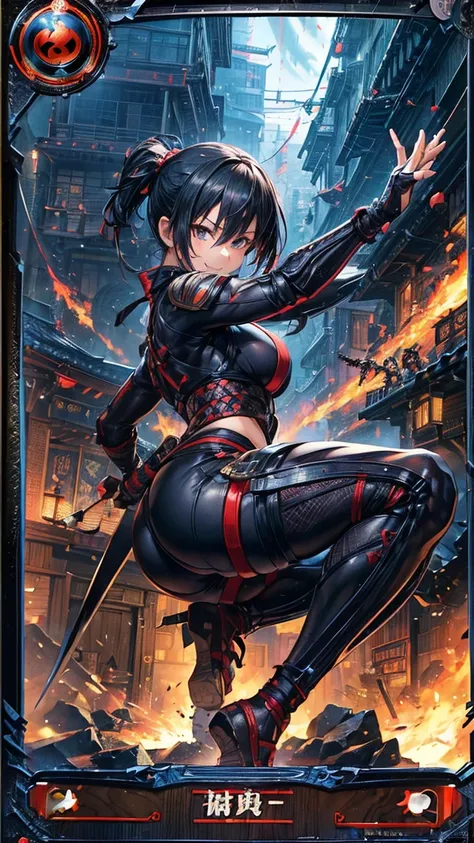 (1 mature female ninja,Age 35), ((Pub,guild)),(smile),Dynamic pose,Dynamic Angle,Pose for a photo,From below,Elderly woman、Trading Card Game Frames、Highest Rare、Five Fingers、Signature mark、Big Butt、Black Hair、Fighting Pose、Ninja costume、Full Body Suit、kuna...