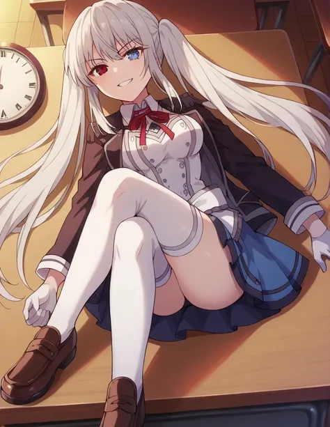 1girl, solo, long hair, breasts, medium breasts, looking at viewer, smile, clock blue eyes, , skirt, shirt, red eyes, thighhighs, gloves, long sleeves, ribbon, twintails, lying, on the desk, very long hair, black jacket, skirt, white hair, shoes, white glo...