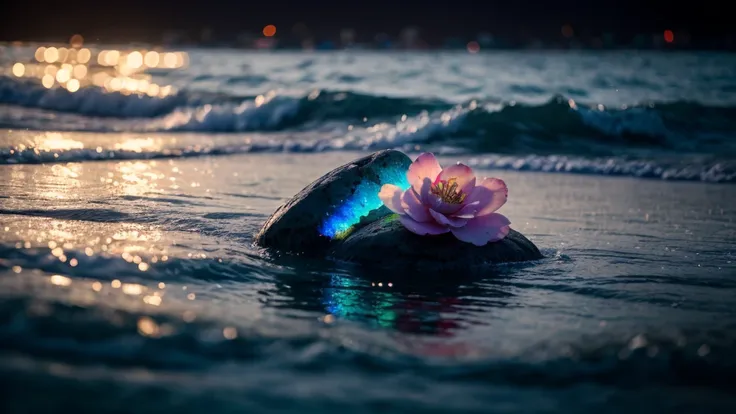 Great beach, Inside the fantasy, rose, vapor, sunlight, masterpiece, 最high quality, 超High resolution, born, Beautiful beach views, Millleft, Splashing Rainbow, waves crashing, sand, Forms, Milky, (Luminous Water), born物発光, Opal Gemstone, agate, ((Floating ...